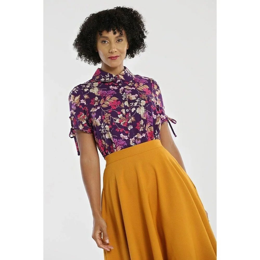 Hell Bunny Berry Crush Purple Floral Botanical Button Up Blouse Tie Sleeve M